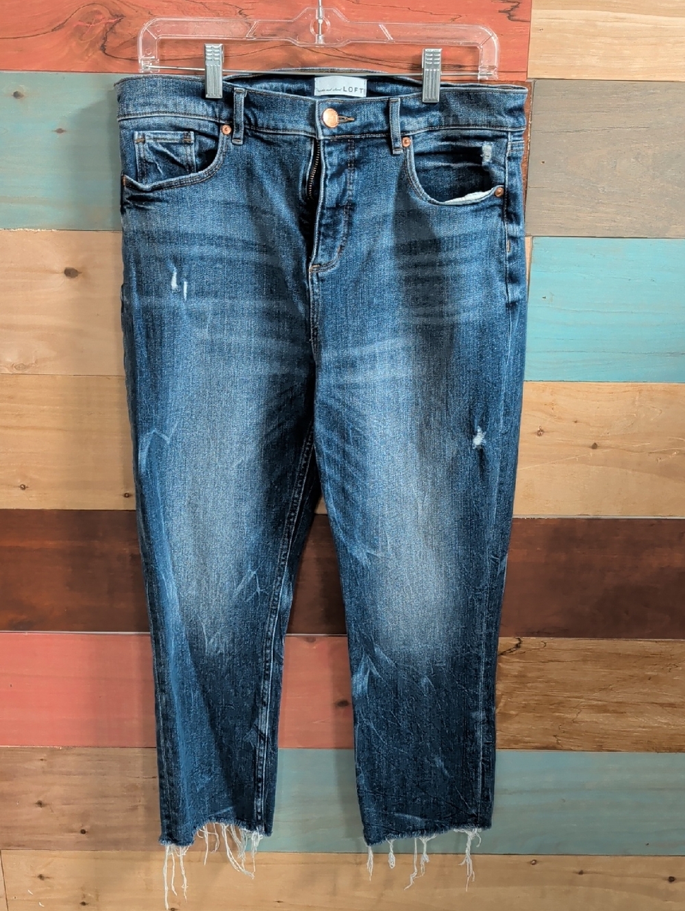 LOFT Women's Dark Blue Straight Leg Distressed Jeans